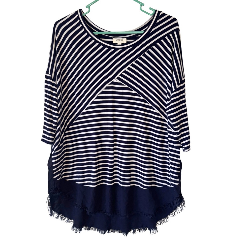 3/$20 Umgee Navy Blue and White Striped 3/4 Sleeve Blouse